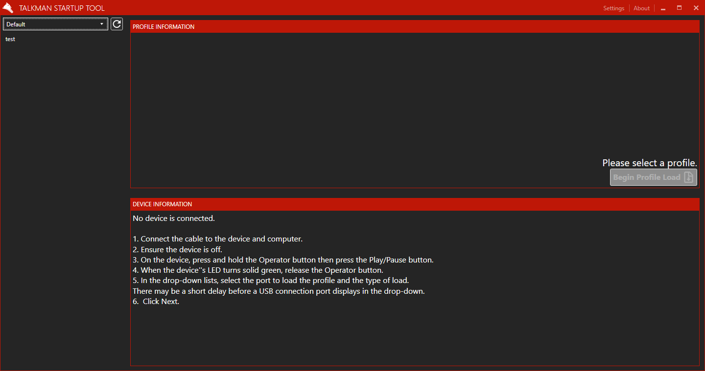 Talkman Startup Tool Main Screen